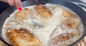 Creamy chicken in a skillet being stirred. Perfectly cooked with herbs and sauce. Cozy homemade meal idea.