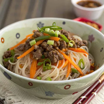 Bowl of Asian noodles topped with ground meat, carrots, and green onions for a flavorful dish.
