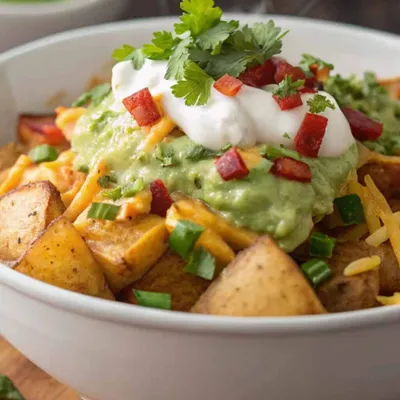 Loaded taco potato bowl topped with guacamole, sour cream, cheese, and fresh cilantro in a white bowl.