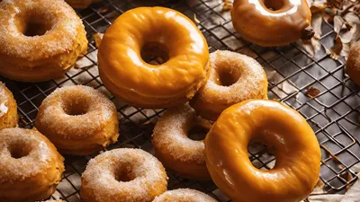Assorted glazed and sugared donuts on a cooling rack, perfect for breakfast or a sweet treat.