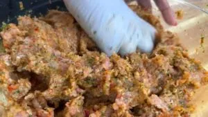 Hand mixing seasoned minced meat with spices in a large bowl, preparing for cooking.