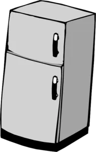 Illustration of a gray two-door refrigerator with prominent handles, showcasing classic kitchen appliance design.