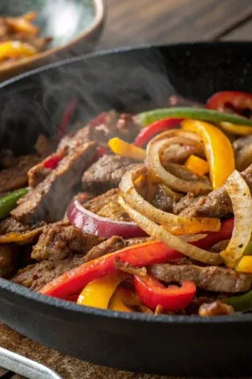 Sizzling beef fajitas with colorful bell peppers and onions in a black skillet, perfect for a flavorful Tex-Mex meal.