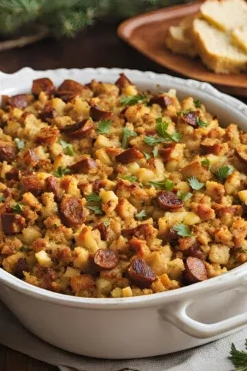 Savory stuffing with sausage in a white dish, garnished with parsley; sliced bread in the background.