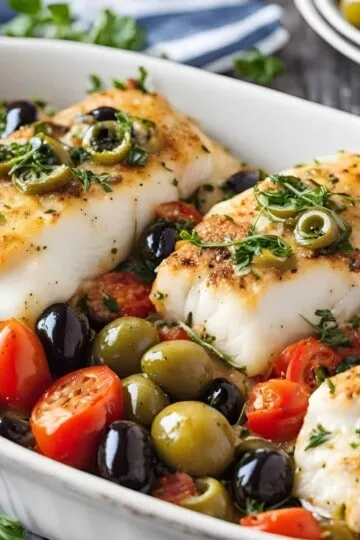 Baked fish fillets with olives, cherry tomatoes, and herbs in a white dish, garnished with green and black olives.