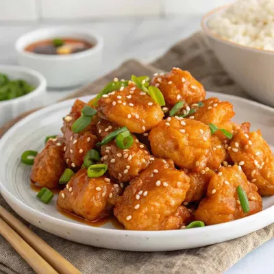 healthy orange chicken topped with sesame seeds and green onions, served with rice and sauce.