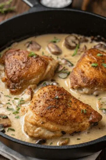 Pan-seared chicken thighs with creamy mushroom sauce in a skillet, garnished with herbs for a savory meal.