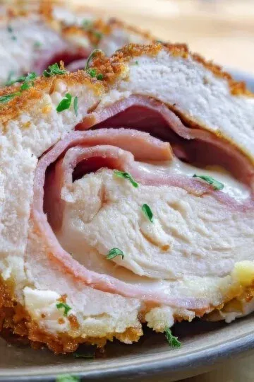 Close-up of crispy chicken cordon bleu with ham and melted cheese filling, garnished with fresh herbs on a plate.