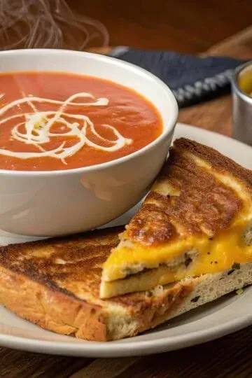 Grilled cheese sandwich with steaming tomato soup and cream swirl on a white plate.