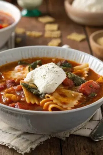 Bowl of homemade lasagna soup with tomato, spinach, and ricotta cheese on a rustic wooden table setting.