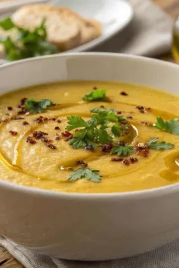 Creamy pumpkin soup in a white bowl, garnished with parsley and spices, served with bread on a rustic table.