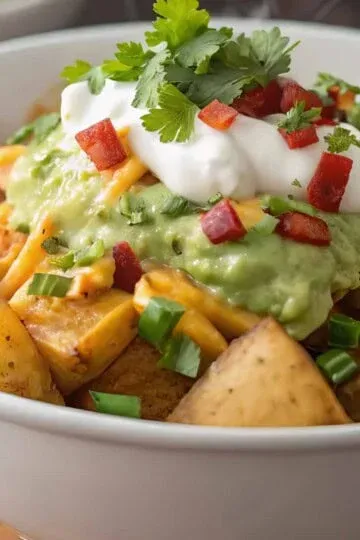 Loaded potato nachos with guacamole, sour cream, cheese, and cilantro in a white bowl. Perfect party snack.