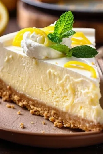 Lemon cheesecake slice with whipped cream and mint garnish on a brown plate. Perfect dessert for lemon lovers.