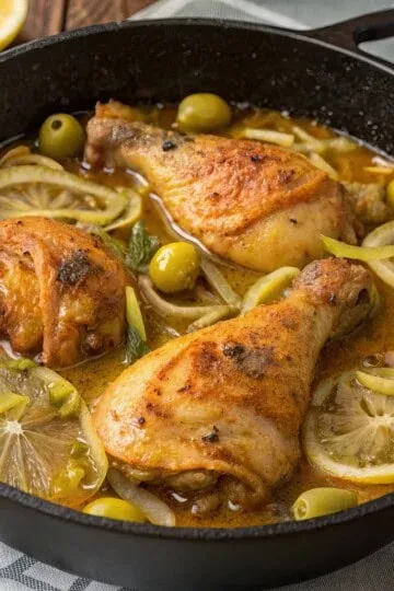 Roasted chicken with lemon, olives, and spices in a black skillet for a Mediterranean-inspired dinner.