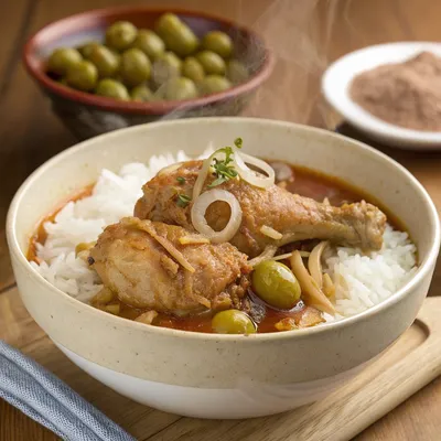 Steaming poulet yassa with rice and olives in a bowl on a wooden tray.