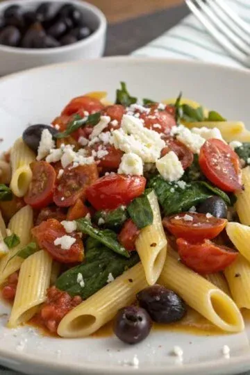 Creamy Veggie Pasta with cherry tomatoes, spinach, feta cheese, olives, and lemon on a white plate; Mediterranean dish.