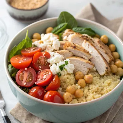 Healthy chicken couscous bowl with cherry tomatoes, chickpeas, spinach, and feta cheese.