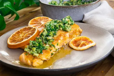 Mediterranean Orange Salmon topped with gremolata.