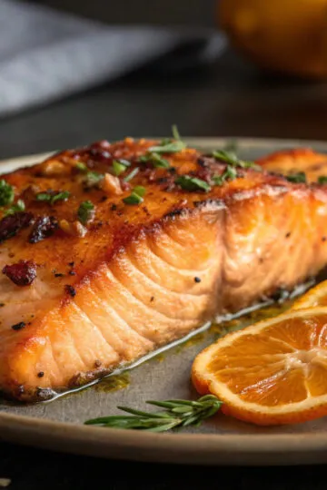Grilled salmon with herbs and citrus slices on a plate, garnished with rosemary, perfect for a healthy meal.