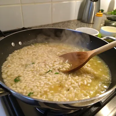 Cooking creamy Risotto agli Asparagi with a wooden spoon in a pan on the stove, with rising steam.