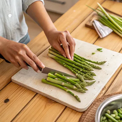 Person slicing fresh asparagus on a cutting board in a kitchen setting.