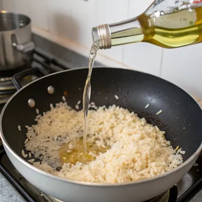 Pouring olive oil into a pan of rice on the stove for cooking.