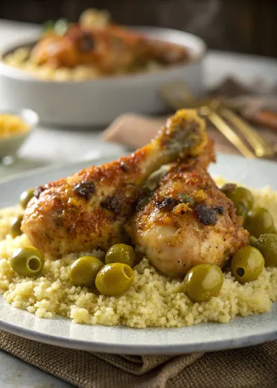 Moroccan Baked Chicken Leg Quarters and olives served on a bed of couscous, garnished with spices.