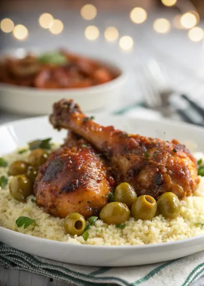 Moroccan lemon chicken and olives served on fluffy couscous, garnished with herbs, on a white plate.