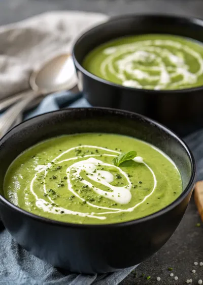 Sheet Pan Broccoli Zucchini Soup garnished with cream and herbs in a black bowl.