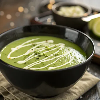 Sheet Pan Broccoli Zucchini Soup in a black bowl with drizzled cream garnish, on a rustic table setting.
