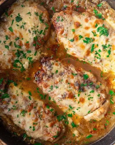 French onion soup chicken garnished with parsley in a pan.