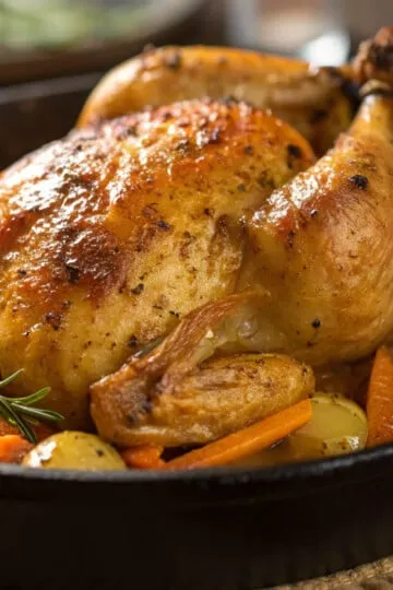 Mediterranean spatchcock chicken with crispy skin served with carrots and potatoes in a cast iron skillet.