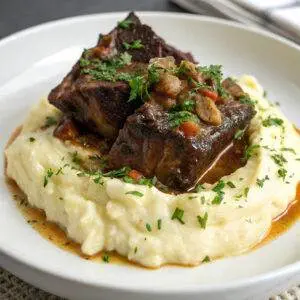 Braised short ribs on creamy mashed potatoes, garnished with fresh herbs in a white bowl.