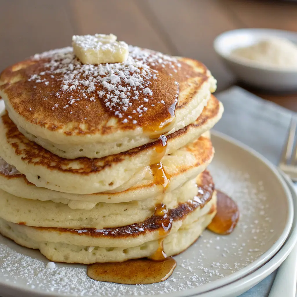 Stack of fluffy buttermilk pancakes topped with butter and syrup, sprinkled with powdered sugar on a plate.