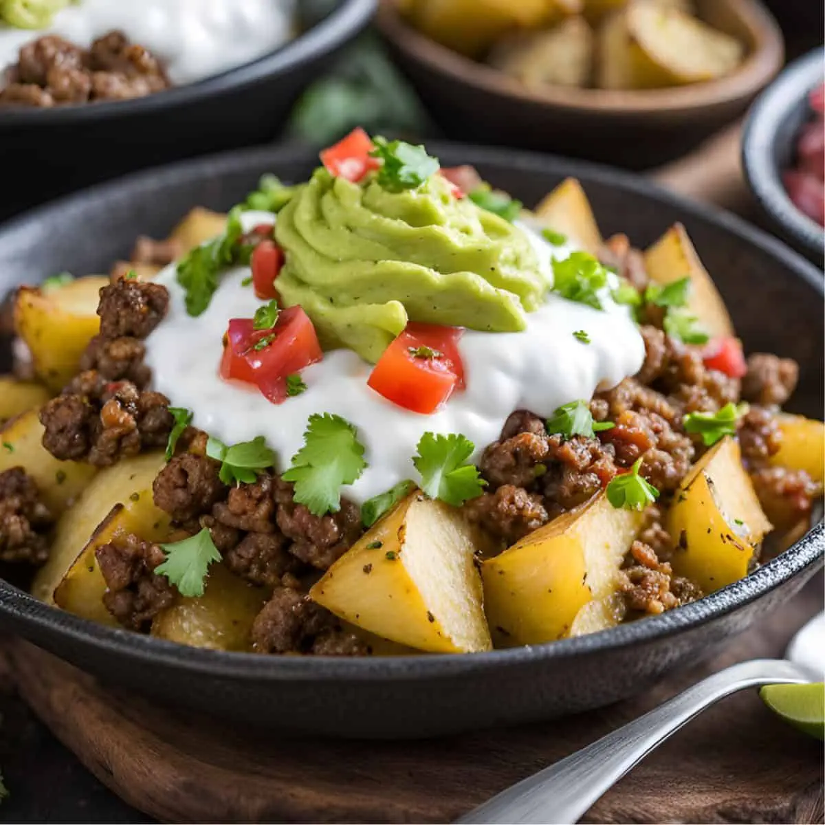 Loaded potato wedges topped with ground beef, sour cream, guacamole, and diced tomatoes in a black bowl.