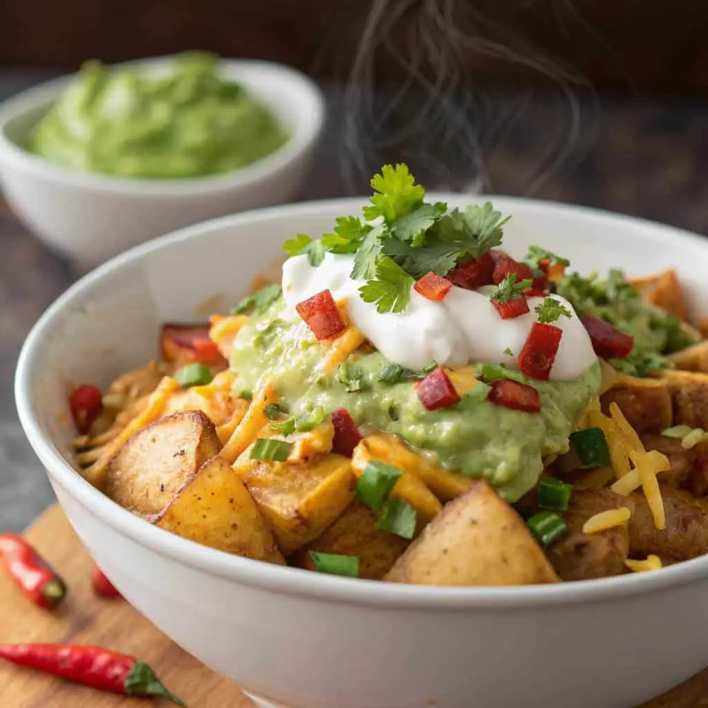 A bowl of loaded taco potato bowl with guacamole, sour cream, and fresh herbs, garnished with cheese.