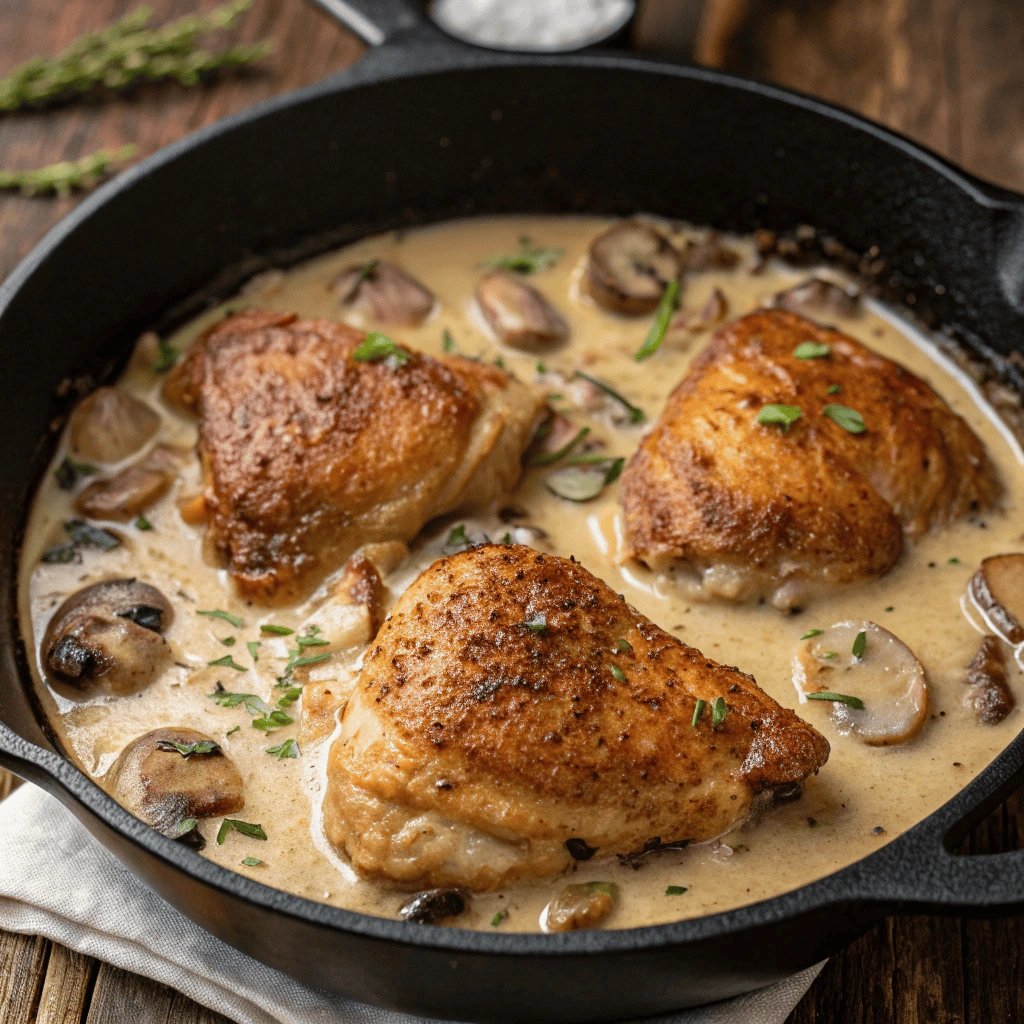 Creamy chicken and gravy garnished with fresh herbs.