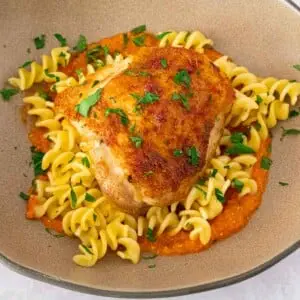 Chicken romesco pasta in a beige plate.