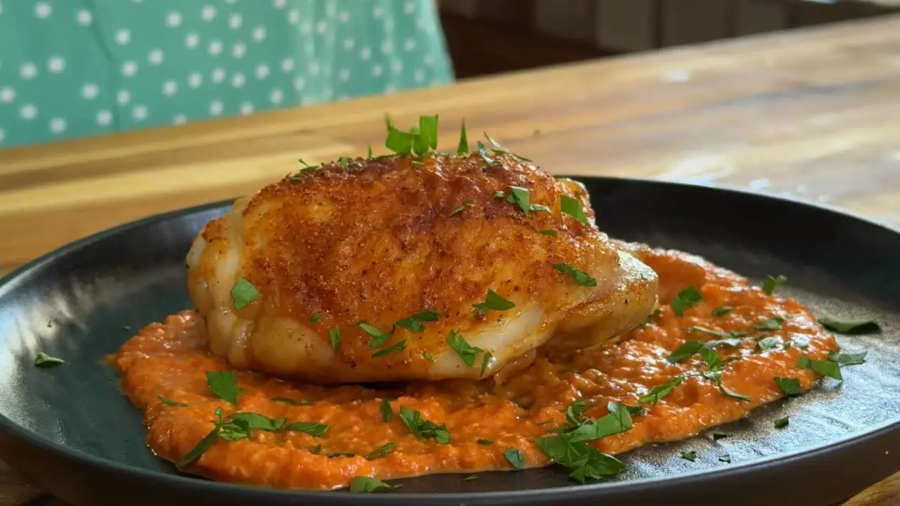 Seasoned chicken on Romesco sauce, garnished with fresh herbs, served on a black plate.