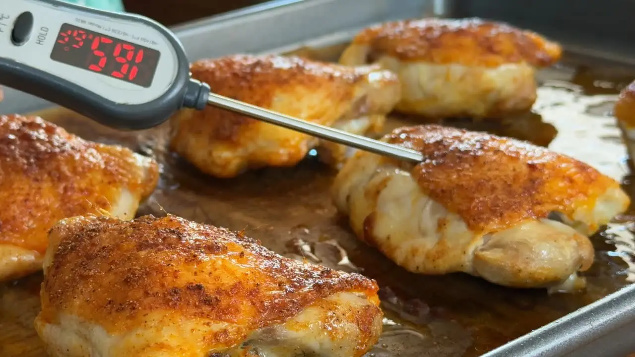 Roasted chicken thighs with crispy skin on baking sheet, thermometer shows 165°F.