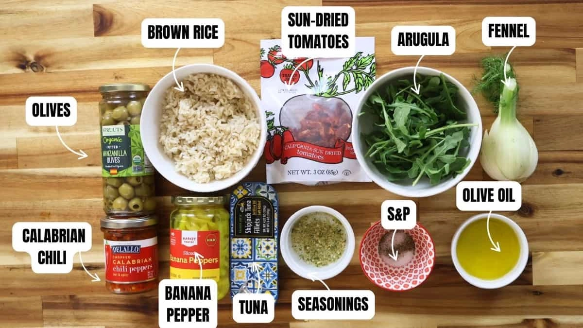 Ingredients for a tuna and rice salad bowl.