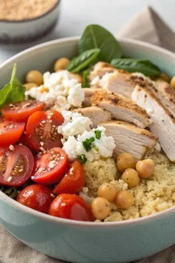 Healthy chicken couscous bowl with cherry tomatoes, chickpeas, spinach, and feta cheese.