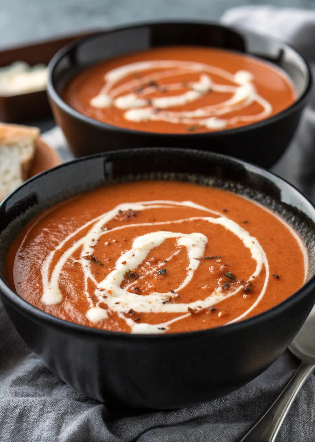 roasted cherry and heirloom tomato soup in a black bowl with herb garnish and swirled cream design.