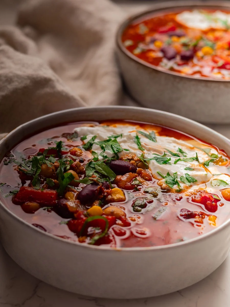 Bowl of chili with kidney beans, corn, tomatoes, and herbs, topped with sour cream, on a marble surface.