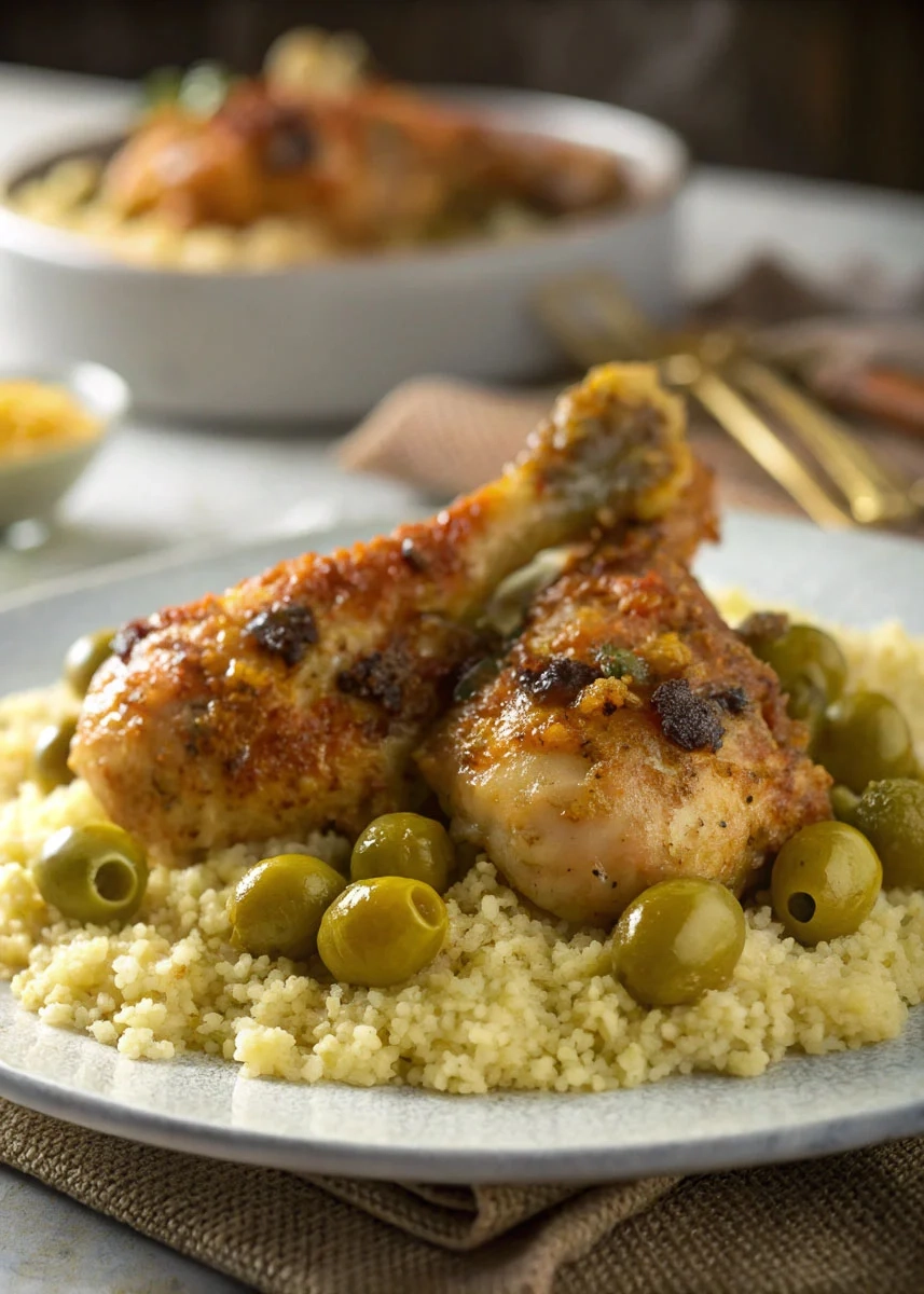 Moroccan lemon chicken and olives served on a bed of couscous, garnished with spices.