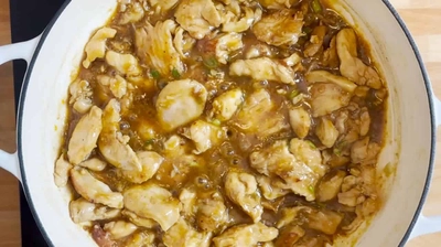 Delicious simmering chicken stew with savory sauce in a white pot on a stovetop. Perfect for a hearty meal.