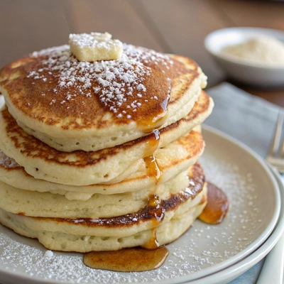 Stack of fluffy buttermilk pancakes topped with butter and syrup, sprinkled with powdered sugar on a plate.