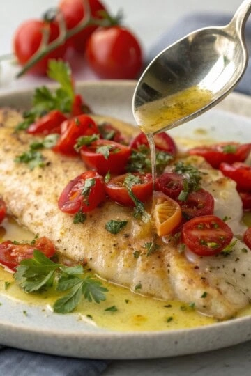 Grilled fish fillet topped with cherry tomatoes and herbs, drizzled with sauce on a ceramic plate.