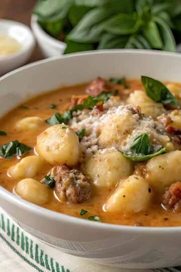 Creamy gnocchi soup with sausage, fresh basil, and cheese in a white bowl on a wooden table.
