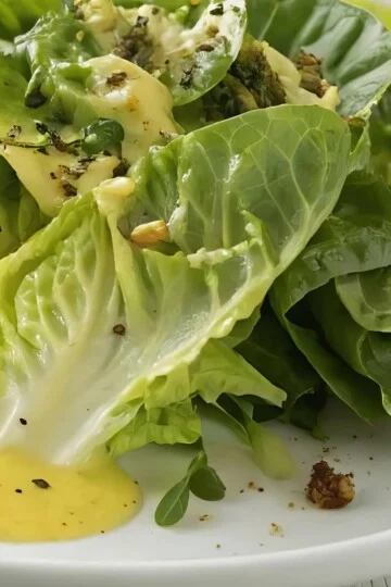 Fresh green salad with leafy greens and dressing on a white plate. Healthy and nutritious vegetarian dish.